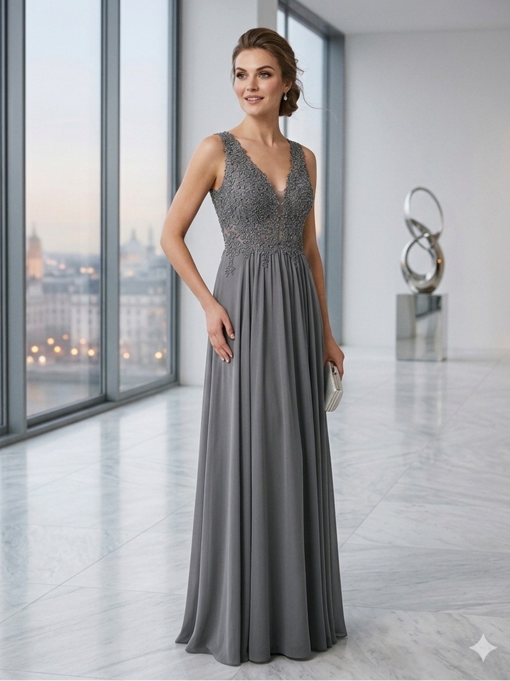 JVN by Jovani Grey Lace Bodice Maxi Gown